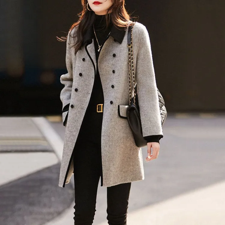 2024秋冬新款时尚韩版显瘦休闲百搭气质撞色小翻领毛呢大衣女
