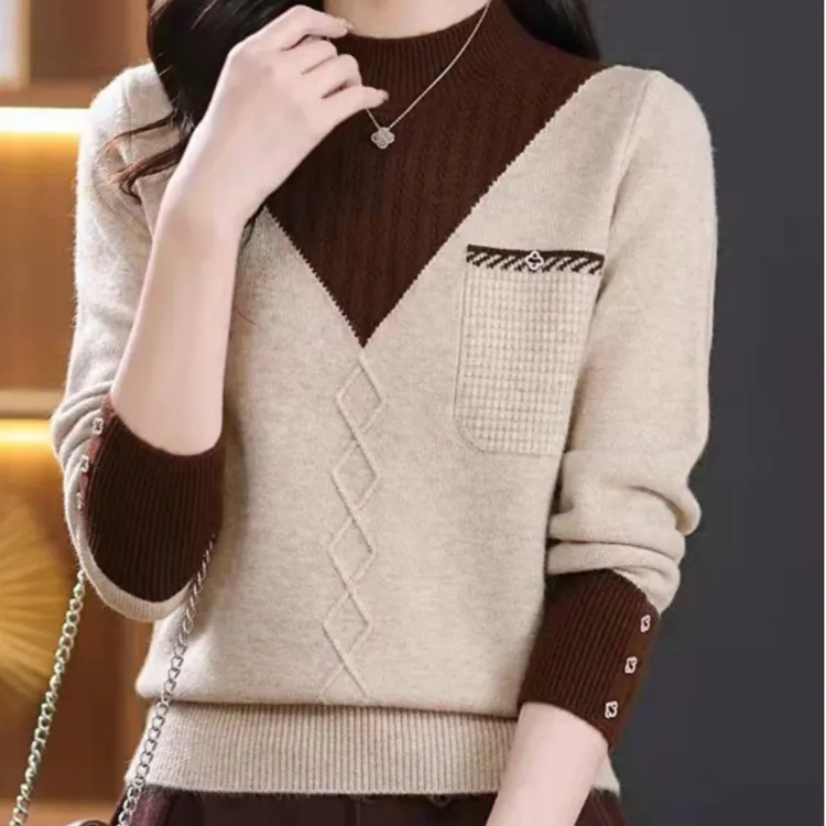 秋冬季新款拼色套头内搭毛衣女针织衫时尚休闲减龄外穿打底衫上衣