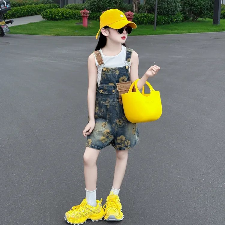 女童牛仔背带裤2025新款夏装印花拼色裤子休闲背心百搭薄款套装潮