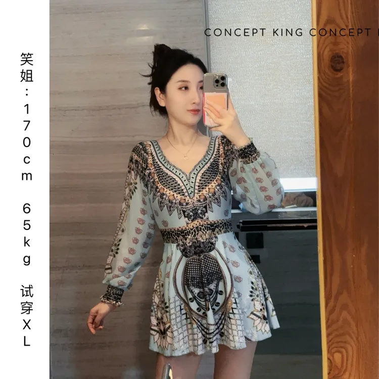 【东南亚】新款大小胸聚拢显瘦遮肚连体裙式气质温泉泳衣QH61148