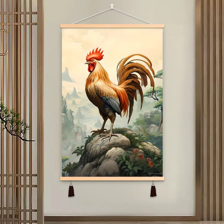 大公鸡生肖挂画金鸡报晓实木布艺画玄关客厅墙画办公室墙装饰挂画