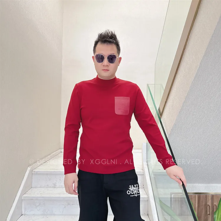 冬季款QZLN胸口皮皮拼接口袋男士品质高端轻奢拉绒加厚长袖t恤