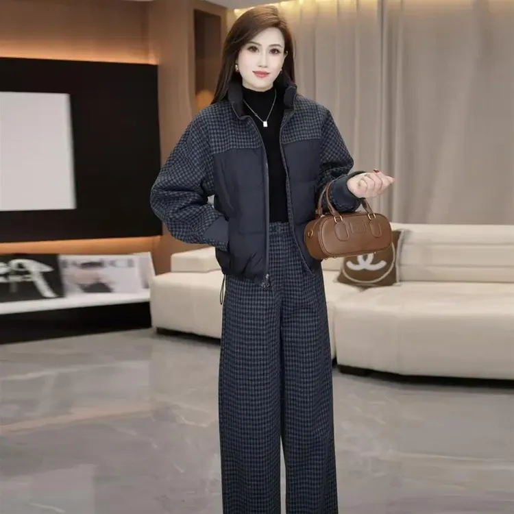 时尚格纹套装女2025冬季新款洋气显瘦毛呢拼接棉服阔腿裤两件套潮
