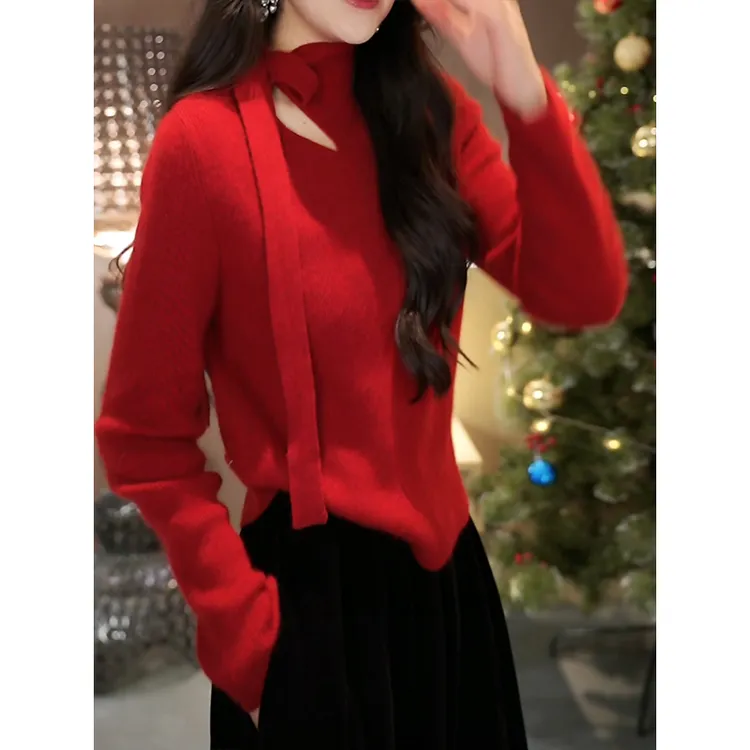 新年氛围感法式系带镂空红色针织衫女秋冬新款独特漂亮内搭上衣潮