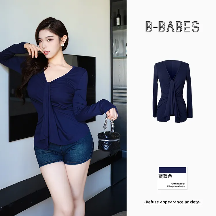 B-babes【蓝风铃】纯欲风辣妹长袖轻熟褶皱T恤气质收腰显瘦v领上衣