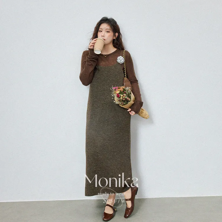 大码秋冬中长款撞色长袖圆领套头两件套气质针织长裙连衣裙15619