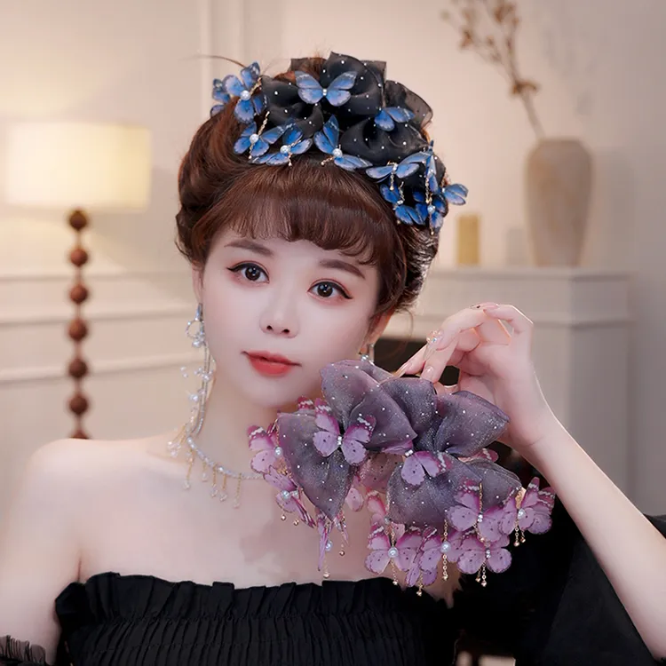 翩翩蝴蝶鲨鱼夹印花蝴蝶流苏国风减龄发夹小众设计优雅新中式头饰