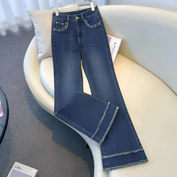 复古毛边微喇牛仔裤女士秋季2025新款高腰修身显瘦梨形身材喇叭裤
