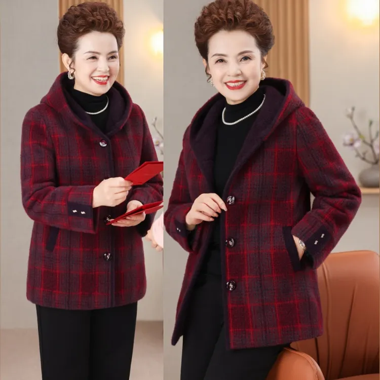 老年人冬装奶奶装毛呢外套加厚新款老太太上衣妈妈装连帽气质大衣