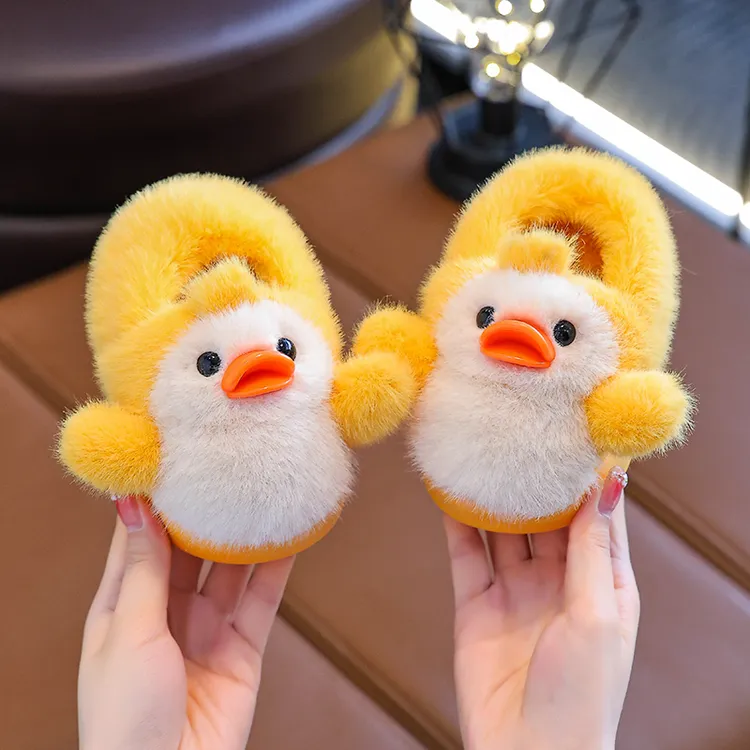 【新款】小孩棉拖鞋冬季卡通可爱小鸭子拖鞋宝宝加绒可爱包跟棉鞋