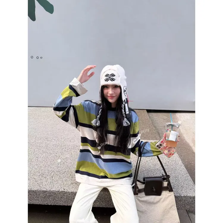 PCNY「绿蓝织梦」不理理秋季新款女装时尚百搭经典圆领长袖条纹T恤