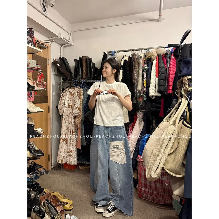 『PEACHZHOU』拼接不规则贴袋毛边水洗宽松牛仔裤美式休闲阔腿长裤