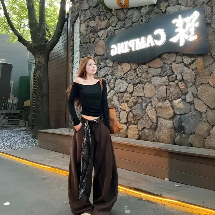 美式复古休闲阔腿裤女百搭显瘦韩版高腰时尚宽松设计感直筒长裤女