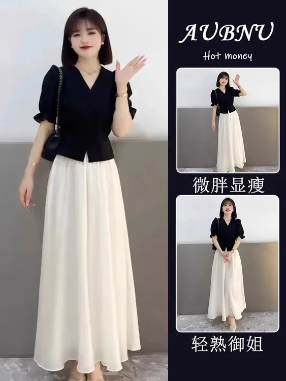 夏季通勤穿搭赫本风法式小众黑色泡泡短袖上衣独特小衫裙裤套装女