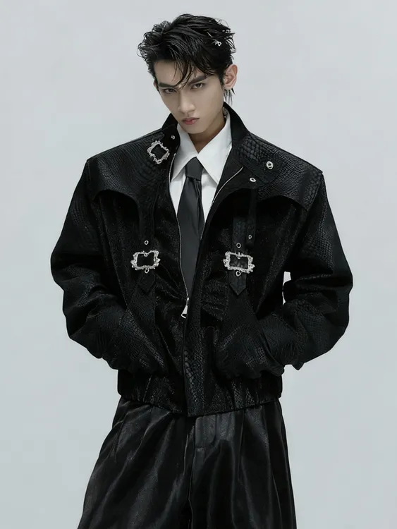 Argue蛇纹鳞片短款垫肩立领pu皮夹克男 设计感拼接金属扣皮衣外套