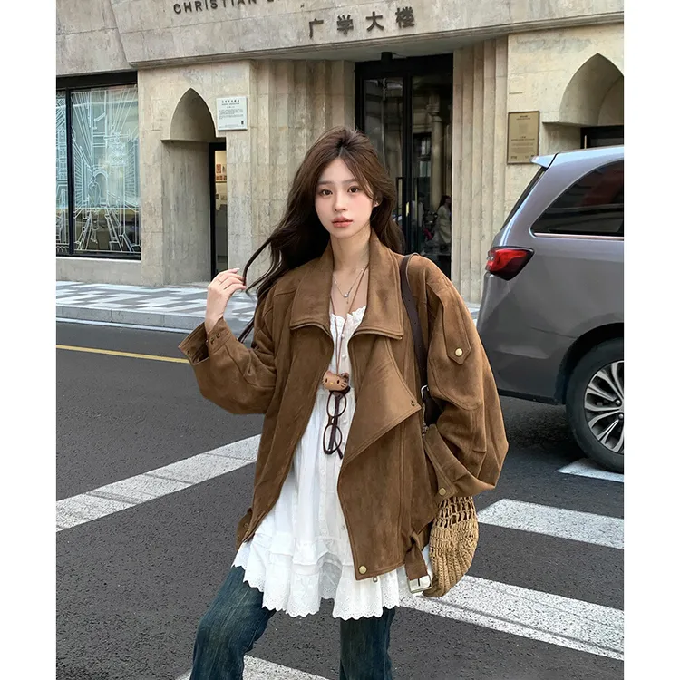咖色麂皮绒机车外套秋季复古美拉德休闲宽松慵懒翻领廓形感夹克女