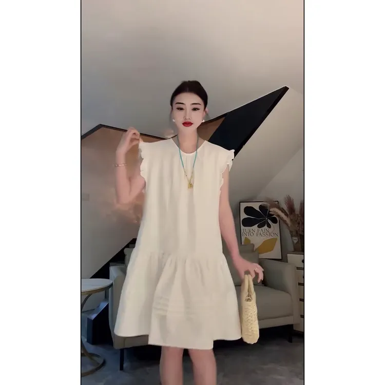 花边飞飞袖圆领娃娃裙显瘦气质时尚减龄百搭夏季宽松连衣裙