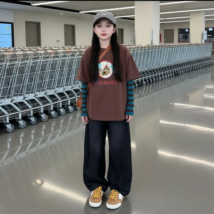 女童春秋季套装2025新款韩系中大童洋气女孩长袖T恤阔腿裤两件套