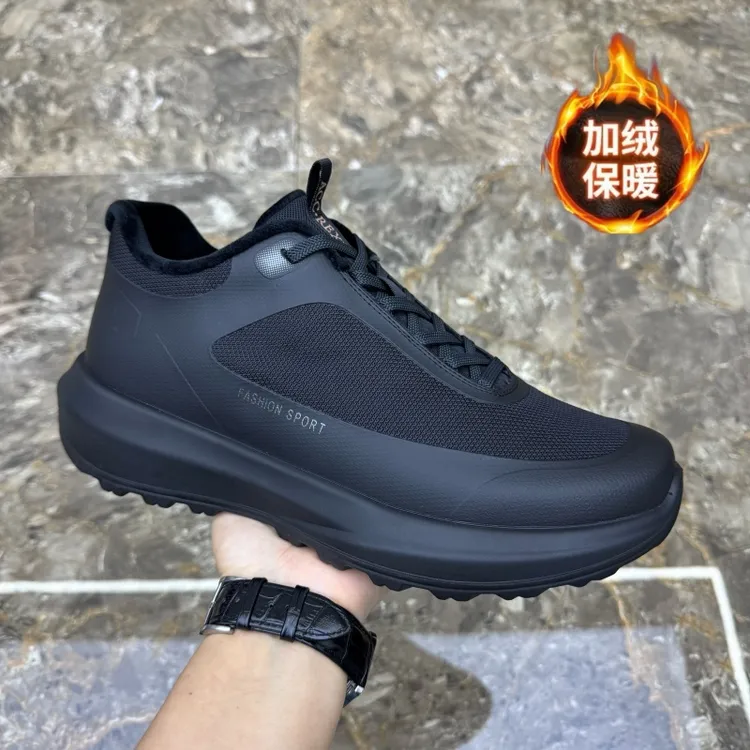 秋冬季新款男鞋防滑厚底加绒高帮休闲鞋飞织布面加棉鞋高帮潮男鞋