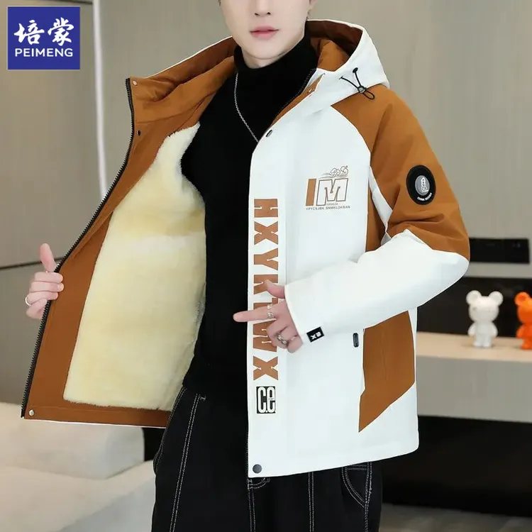 培蒙加绒加厚外套棉服秋冬季潮流休闲拼色棉袄保暖棉衣男冬装潮牌