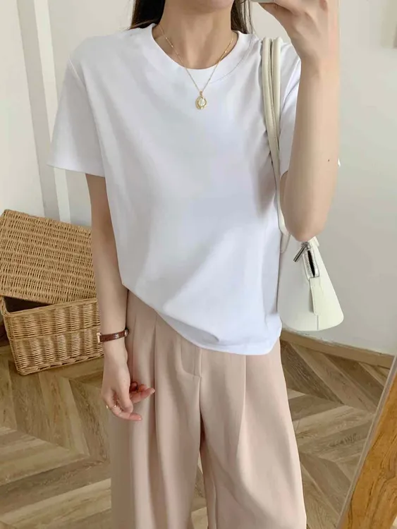 {三言家}专柜款女款圆领液氨棉短袖80S双股纱短袖T恤弹力吸湿排汗