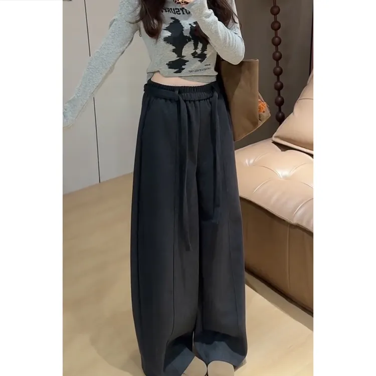艾塔莉秋冬女新款宽松显瘦毛呢裤松紧腰大码百搭休闲裤阔腿裤长裤