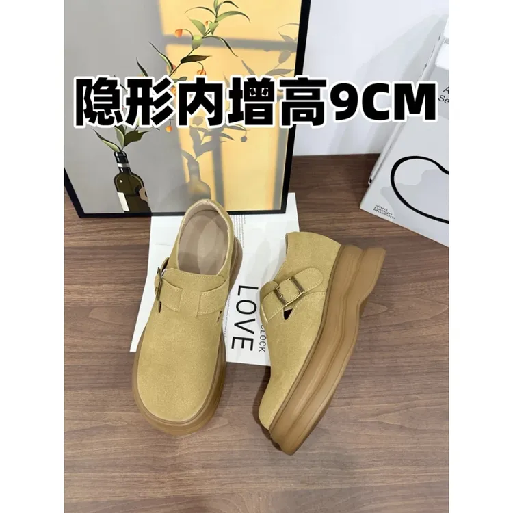 真皮9cm内增高勃肯鞋女款秋季新款百搭爆款厚底松糕博肯鞋休闲鞋