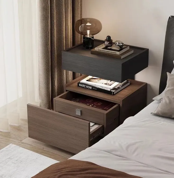 新款意式极简风带隐藏抽屉储物柜高级感悬浮带灯实木柜床头柜暗层