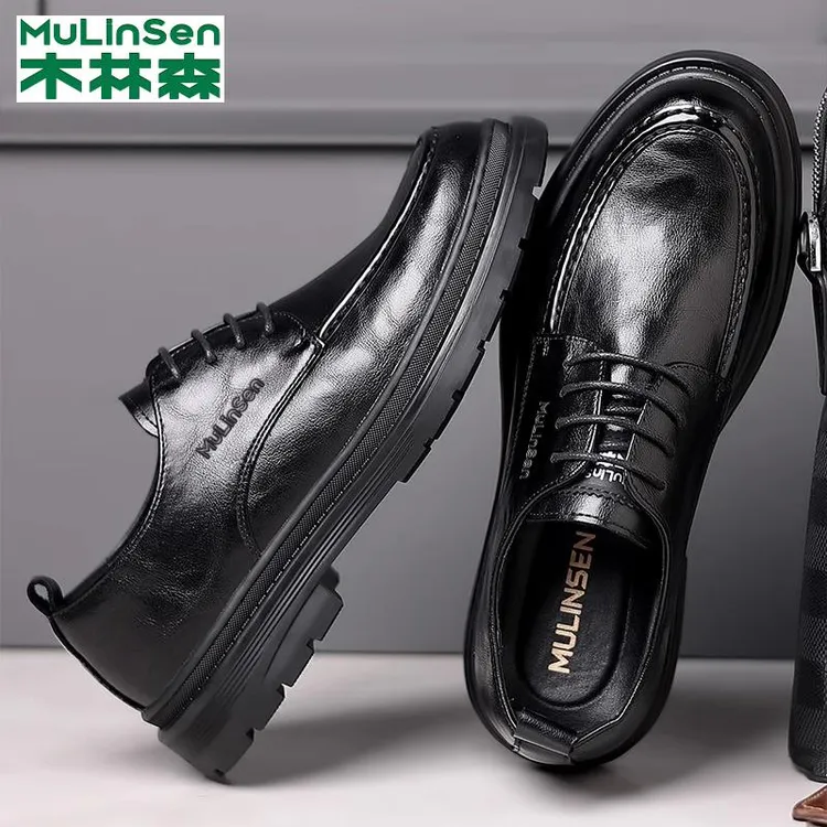 木林森皮鞋男2025新款黑色真皮商务正装休闲增高德比鞋结婚新郎鞋