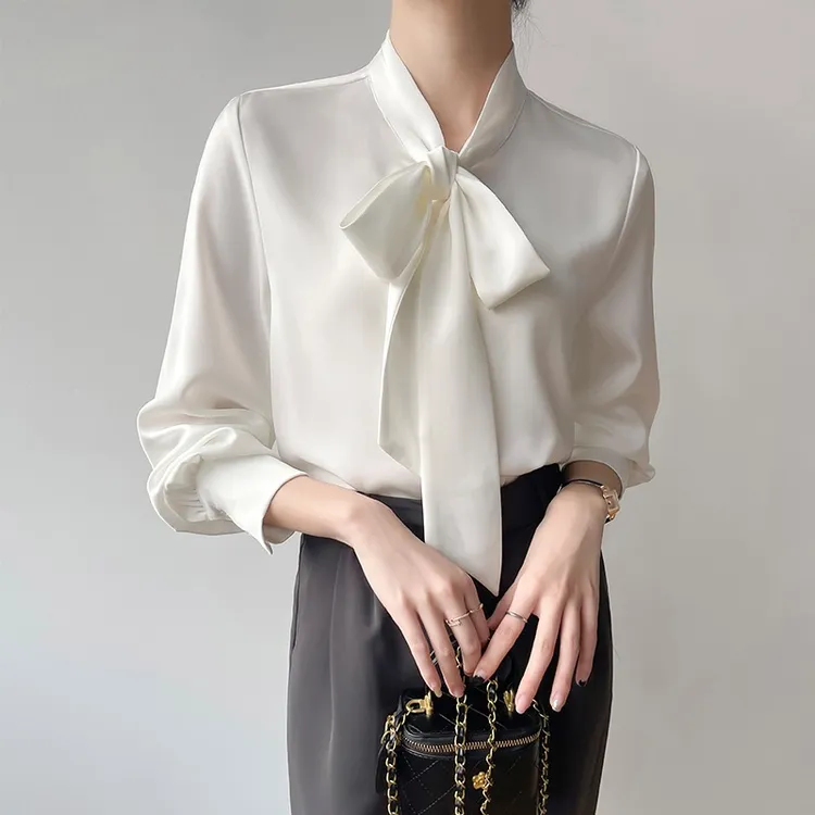 白色缎面衬衫女长袖气质通勤洋气职业装面试衬衣蝴蝶结飘带上衣