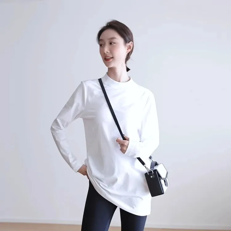 中长款立领打底衫T恤搭配鲨鱼裤女春秋新款长袖纯棉内搭叠穿上衣