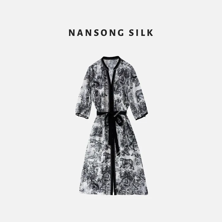 【丛林日记】品牌新款桑蚕丝水墨新中式国风V领短袖连衣裙519918