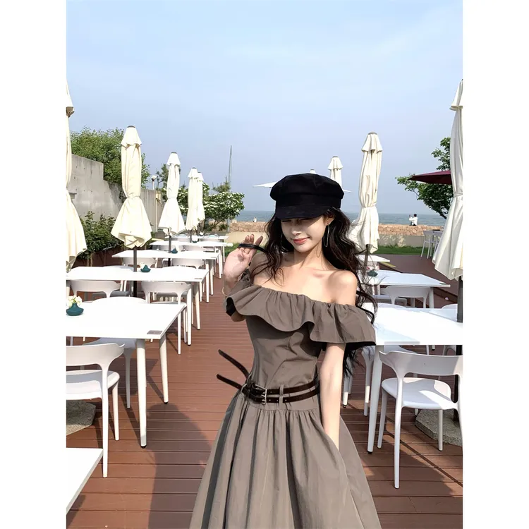 韩版小香风优雅荷叶边一字肩设计感连衣裙配腰带收腰连衣裙长裙女