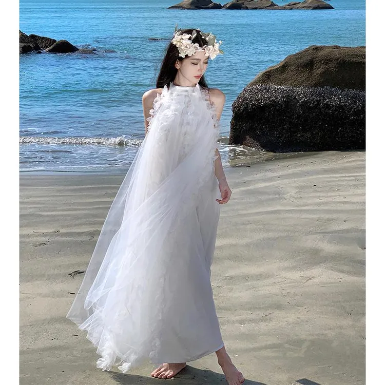 法式新娘晨袍白色轻婚纱礼服伴娘网纱连衣裙露背仙女海边度假长裙