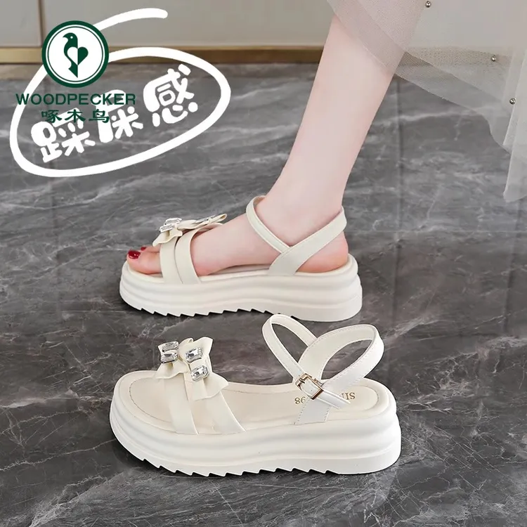 啄木鸟厚底凉鞋女2025夏季爆款孕妇一脚蹬蝴蝶结露趾罗马一字凉鞋