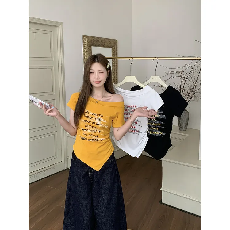 2025夏装新款胖mm大码女甜美纯欲印花不对称露肩短袖T恤