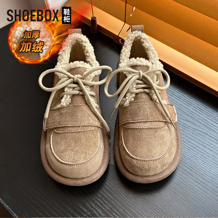 SHOEBOX鞋柜厚底加绒勃肯鞋女2025新款冬季保暖雪地靴豆豆棉鞋