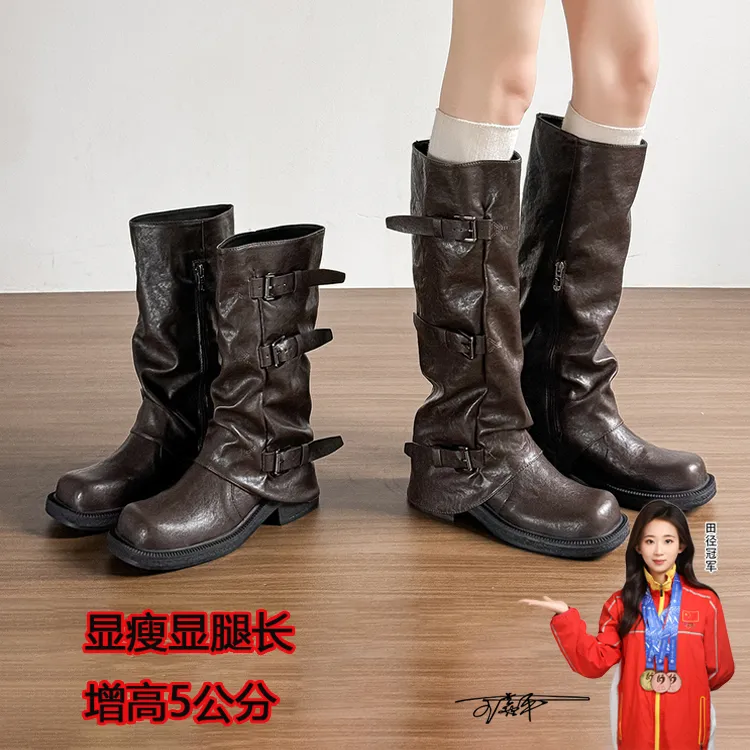 厚底百搭中筒马丁靴女复古英伦内增高粗跟褶皱堆堆裤管短靴
