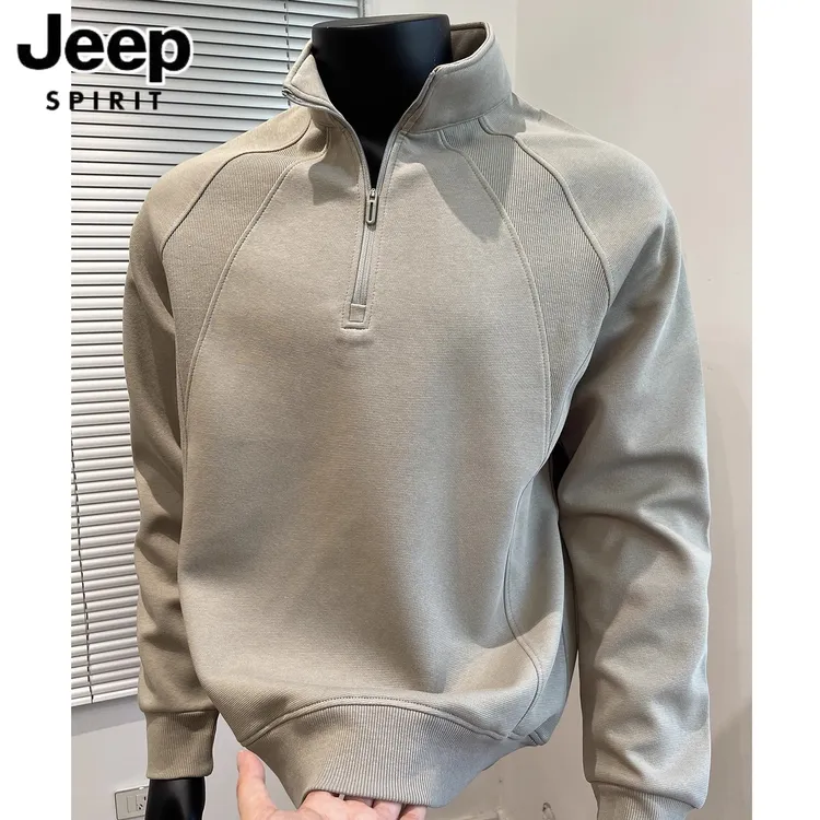 JEEP吉普美式重磅纯色拼接抗皱户外半拉链立领秋冬款男士套头卫衣