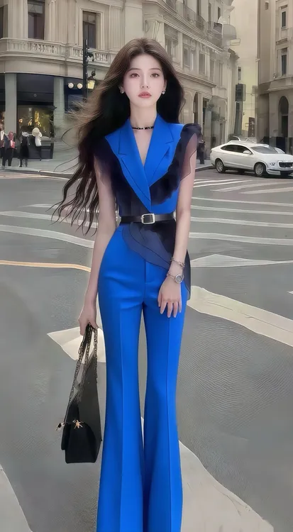 时尚新款蓝色无袖V领修身收腰上衣+蓝色百搭显瘦长裤女高级两件套