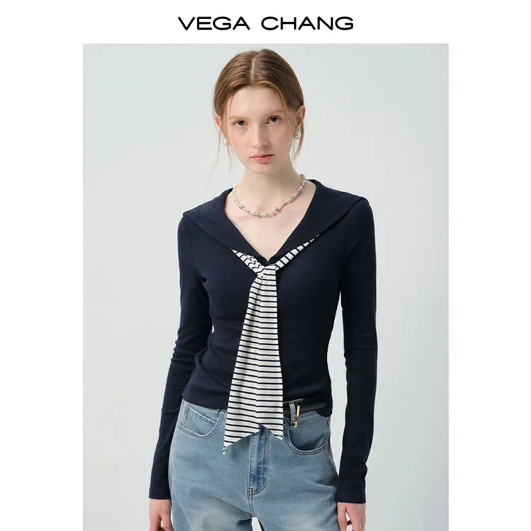 VEGA CHANG长袖T恤女2025新款秋季海军领条纹飘带修身上衣0250LW
