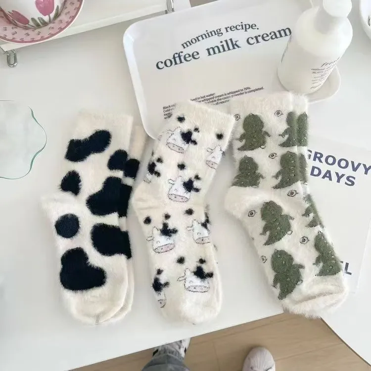 【3双装】毛绒卡通水貂绒袜子女秋冬加绒加厚居家地板袜月子睡眠袜