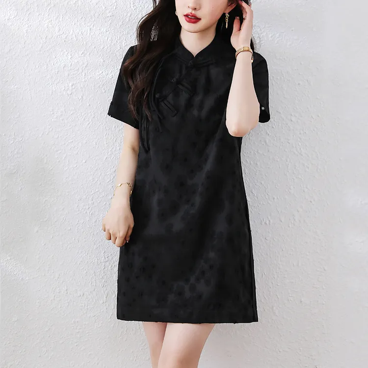 复古新中式盘扣提花连衣裙2024夏季新款胖mm改良旗袍黑色显瘦裙子