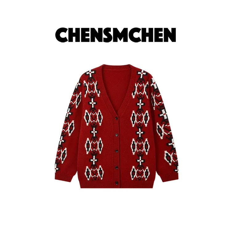 CHENSMCHEN 100绵羊毛红色费尔岛菱格几何针织开衫CSM11739LC