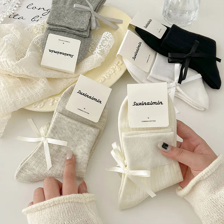 女袜新款小众潮流设计日系甜美可爱丝带蝴蝶结奶油短袜网红袜子