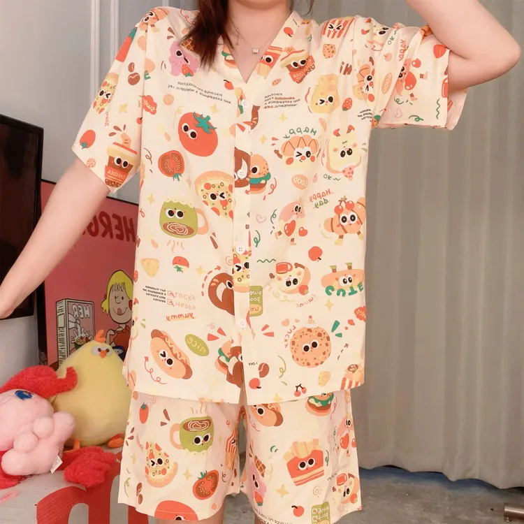 爆款2025新款夏季棉绸短袖睡衣女可外穿薄款卡通家居服三件套装