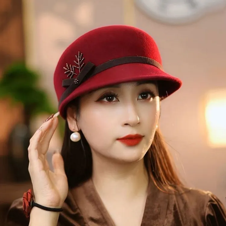 冬日优雅女士马术帽洋气定型圆顶帽子秋冬季保暖时尚中老年骑士帽
