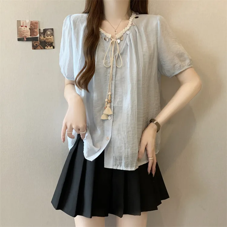 大码女装遮肚子设计感系带短袖衬衫女夏胖mm宽松显瘦百搭减龄上衣