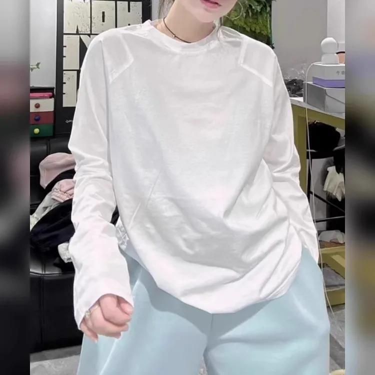 休闲流行日常穿搭通勤简约风宽松舒适长袖女2025年春新款白色T恤