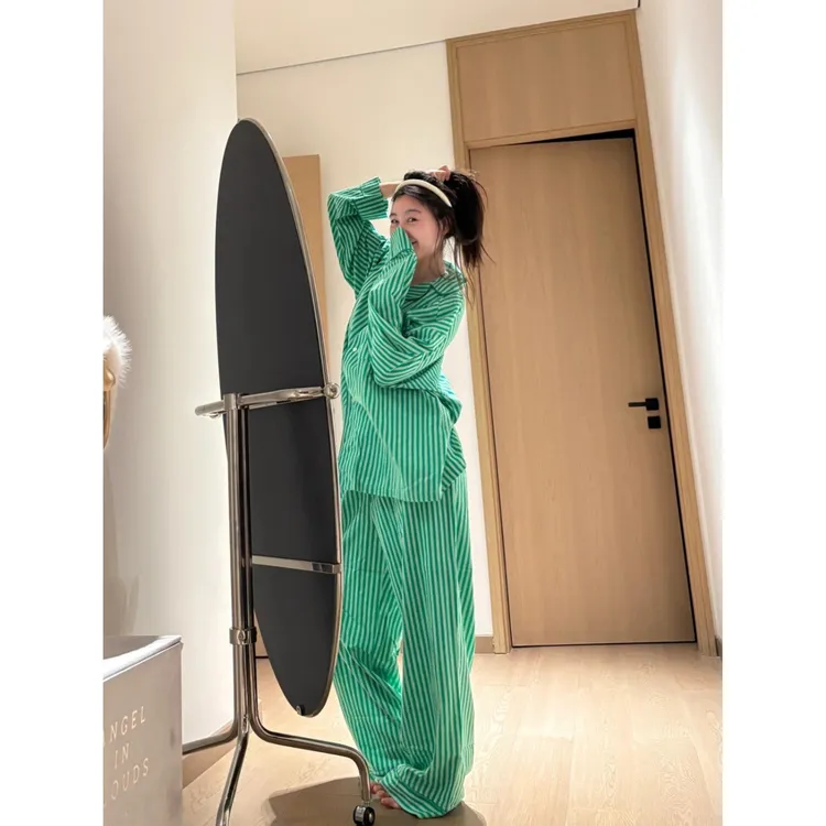 韩版慵懒条纹春秋季新款睡衣女长袖长裤大码家居服套装可外穿ins